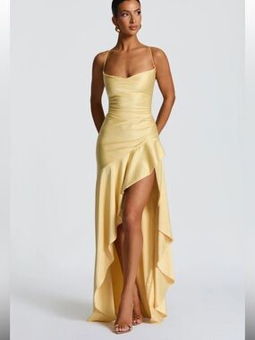 Satin Yellow High-Low Ruffle Evening Gown
